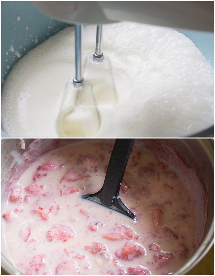 Prepare a mistura de sorvete para sorvete de morango com uma batedeira