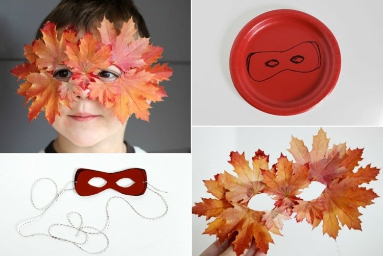 mexer com folhas no outono máscara-bordo-vermelho-papel-prato-traje