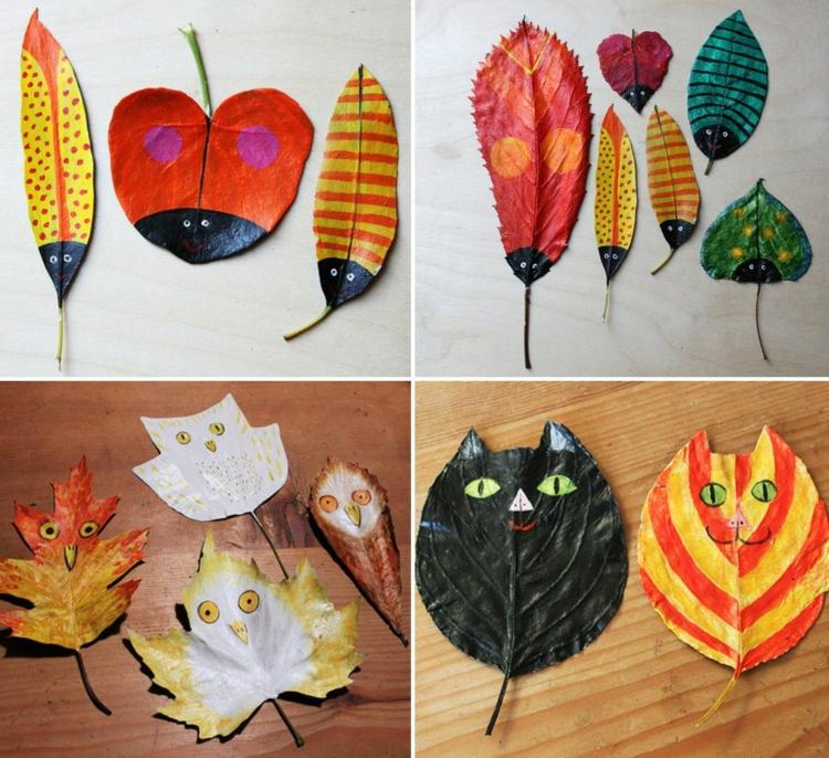 pintar gatos-besouros-corujas com folhas no outono