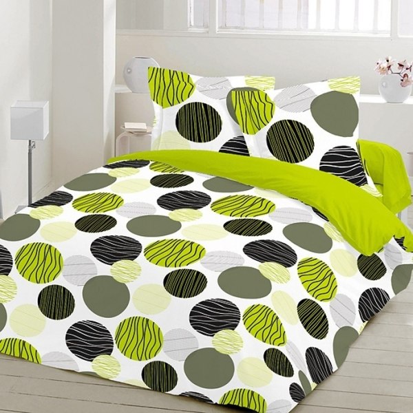 Idéias vivas, design de interiores com cores, roupa de cama deco no quarto, design moderno verde salpicado