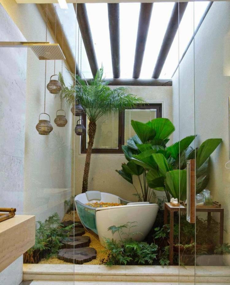 Plantas para o banheiro coco-palmeira-padre-exótica-planta-casa-banheira-vitoriana-mesa-abajur suspensa