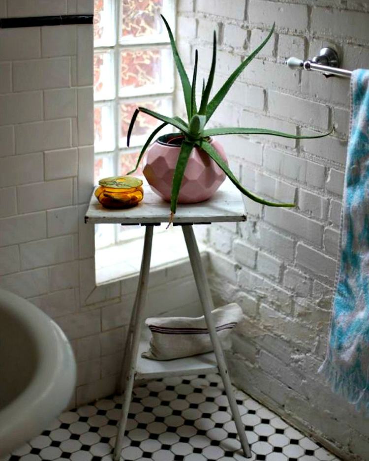 plantas-banheiro-babosa-mesa lateral-vaso de flores-rosa-luz-janela-toalha-ladrilho-pia