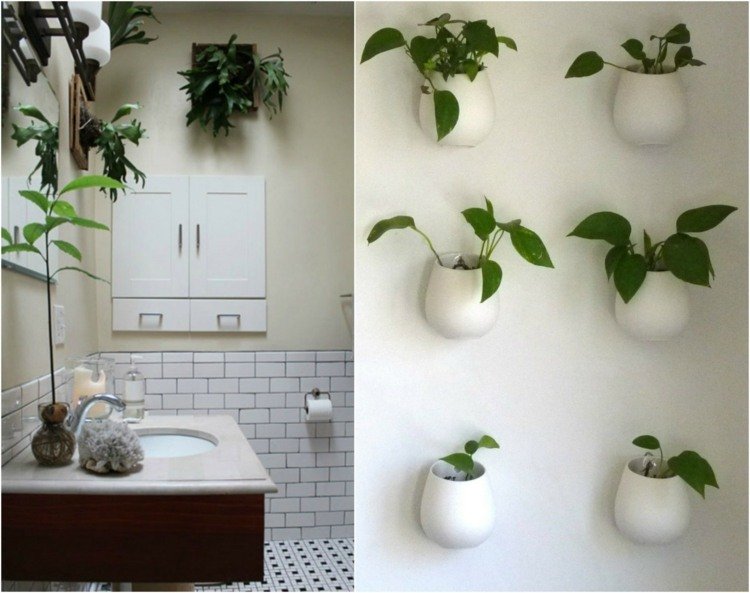 planta-banheiro-chifre-samambaia-efeutute-suporte de parede-cerâmica-branco-banheiro-escuro-pia-espelho