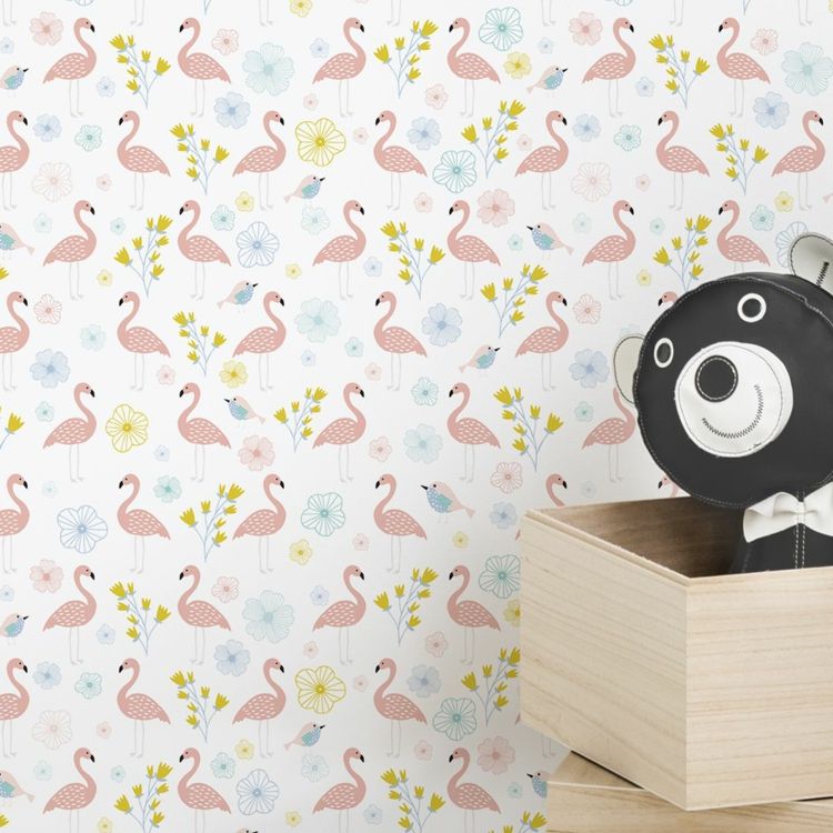 quarto de crianças menina parede design papel de parede padrão pássaros flamingo flores caixas de armazenamento