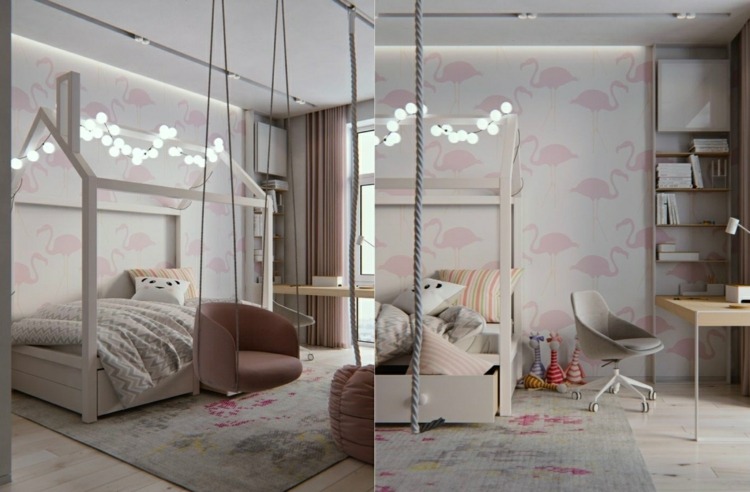 rosa flamingo berçário decoração quarto jovem tapete cama casa papel de parede rosa branco