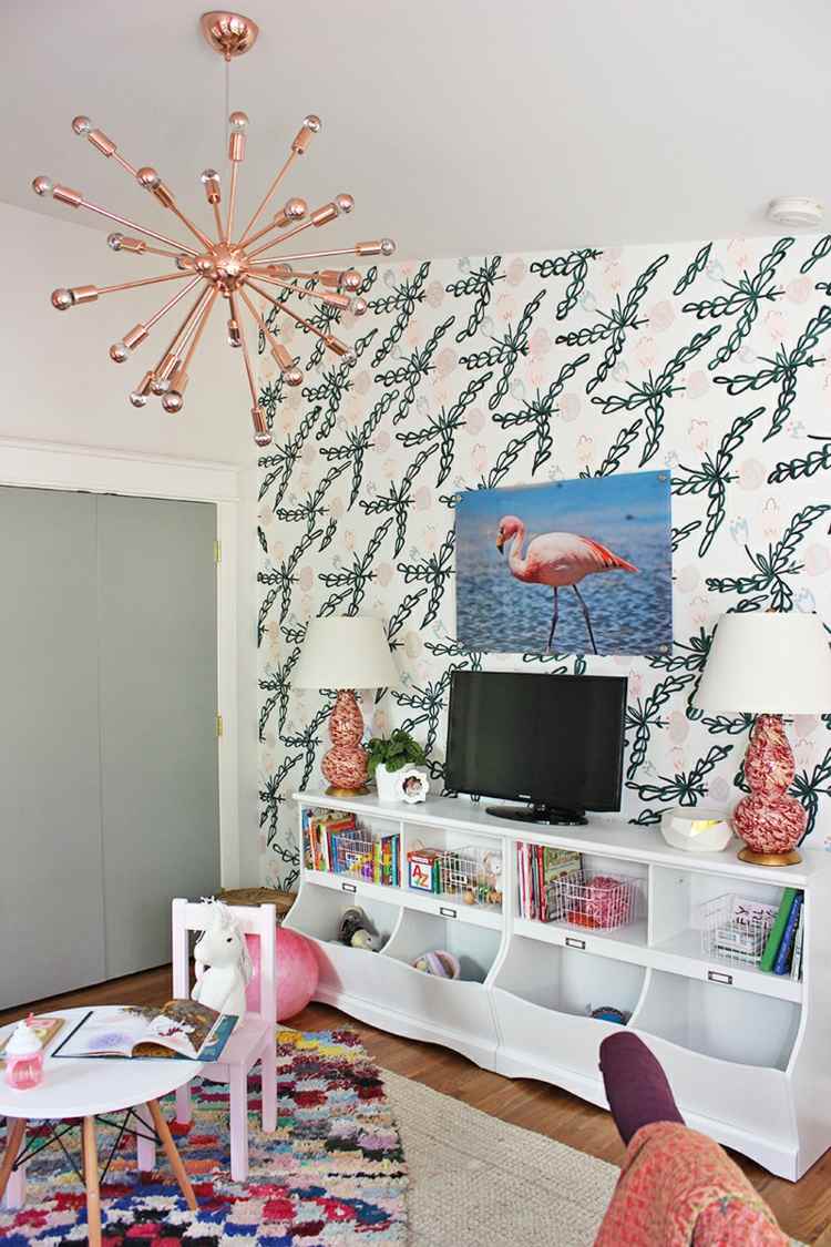 quarto infantil salão de jogos flamingo decoração tapete rosa móveis infantis