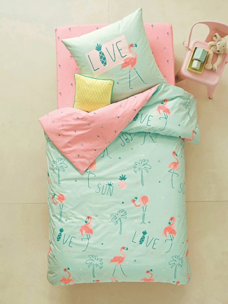 flamingo decoração criança quarto menina roupa de cama rosa tropical hortelã