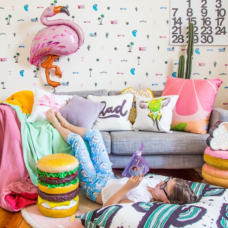 flamingo quarto de criança decoração de quarto de menina colorido papel de parede sofá estampado almofadas de flamingo balão de flamingo