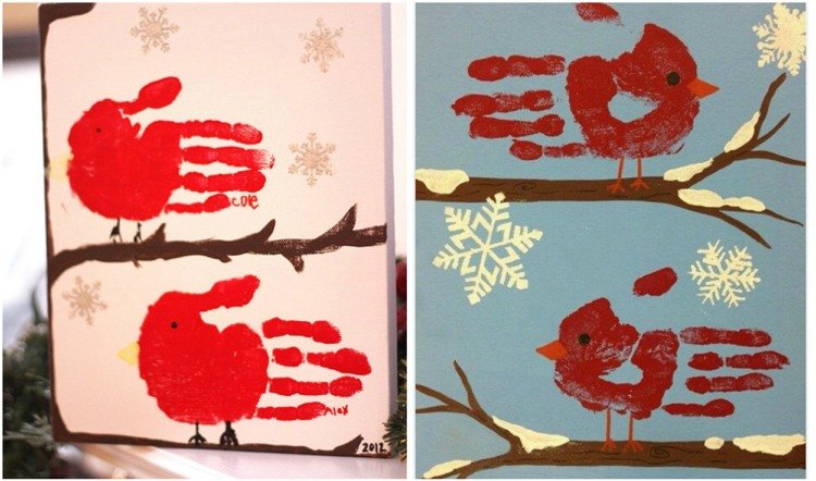 Impressão da mão para o passarinho vermelho de Natal em tela de galho de inverno