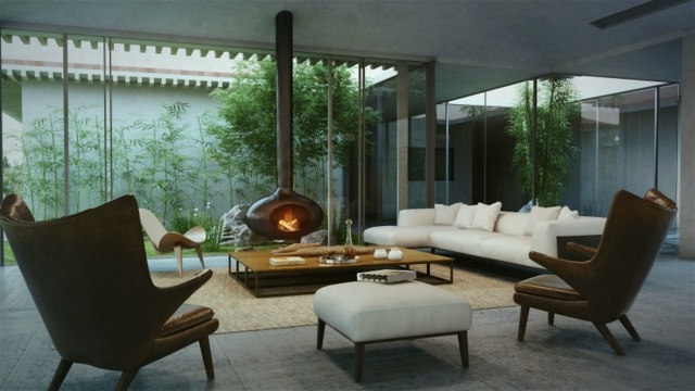 Poltrona estilo sofá de parede de vidro branco portas de correr em forma de pátio de bambu