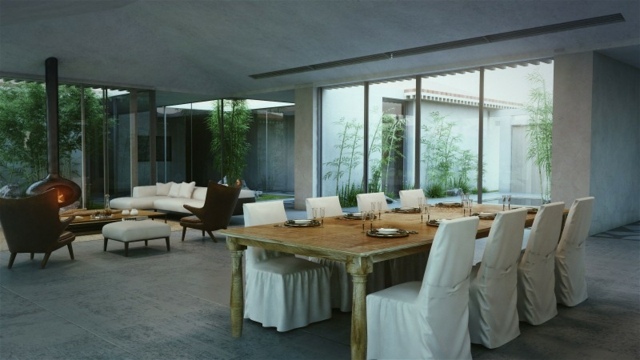 Ideias cadeiras estofadas piso de concreto parede de vidro mesa de jantar rústica