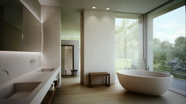 Banheiro, design, pia, banheira, autônomo, pia, piso, embutido, madeira