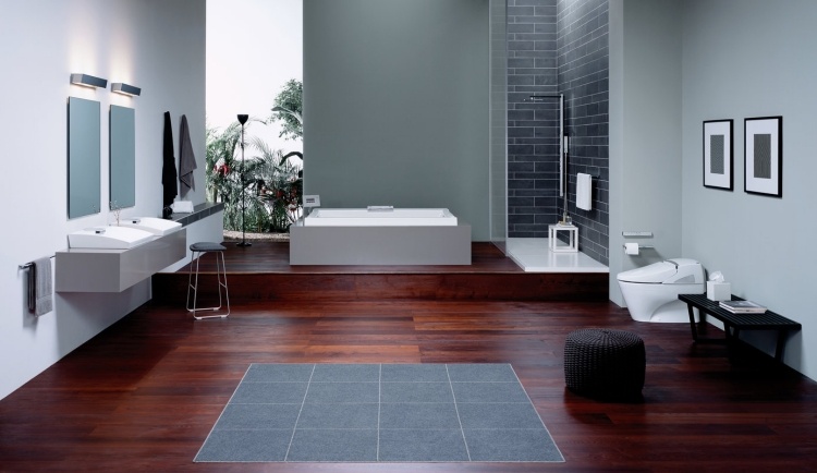 minimalista-design-banheiro-cinza-preto-branco-teca-chuveiro-parede-pintura