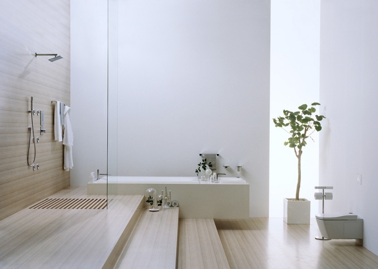 minimalista-design-branco-bege-banheira-chuveiro-parede-árvore-banheiro-degraus-toto