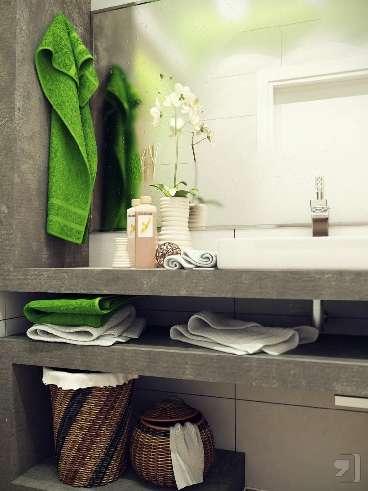 design de banheiro moderno -téis-banheiro-armário-prateleiras-concreto-cinza