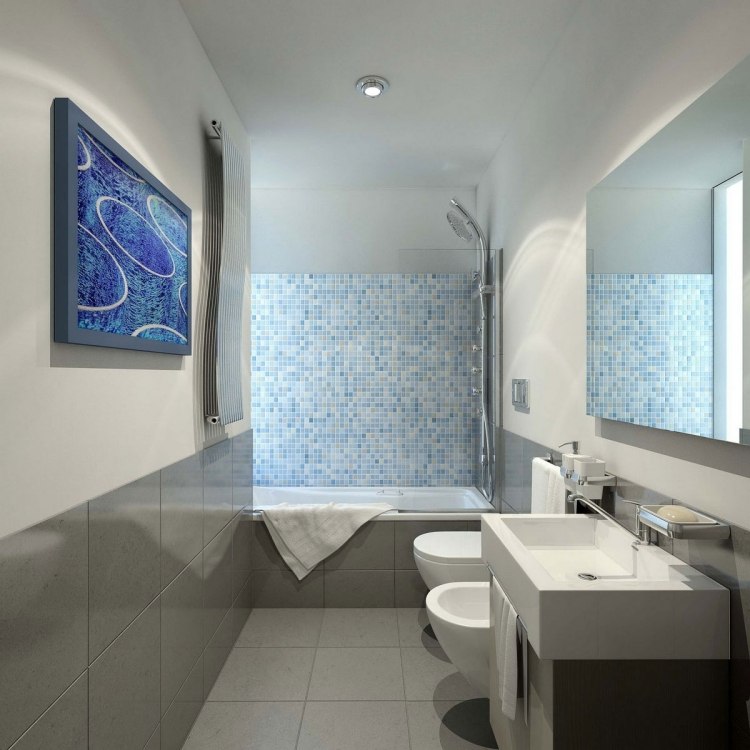 Design de banheiro moderno -téis-banheiro-pequeno-mosaico-azul-cinza-janela-luz