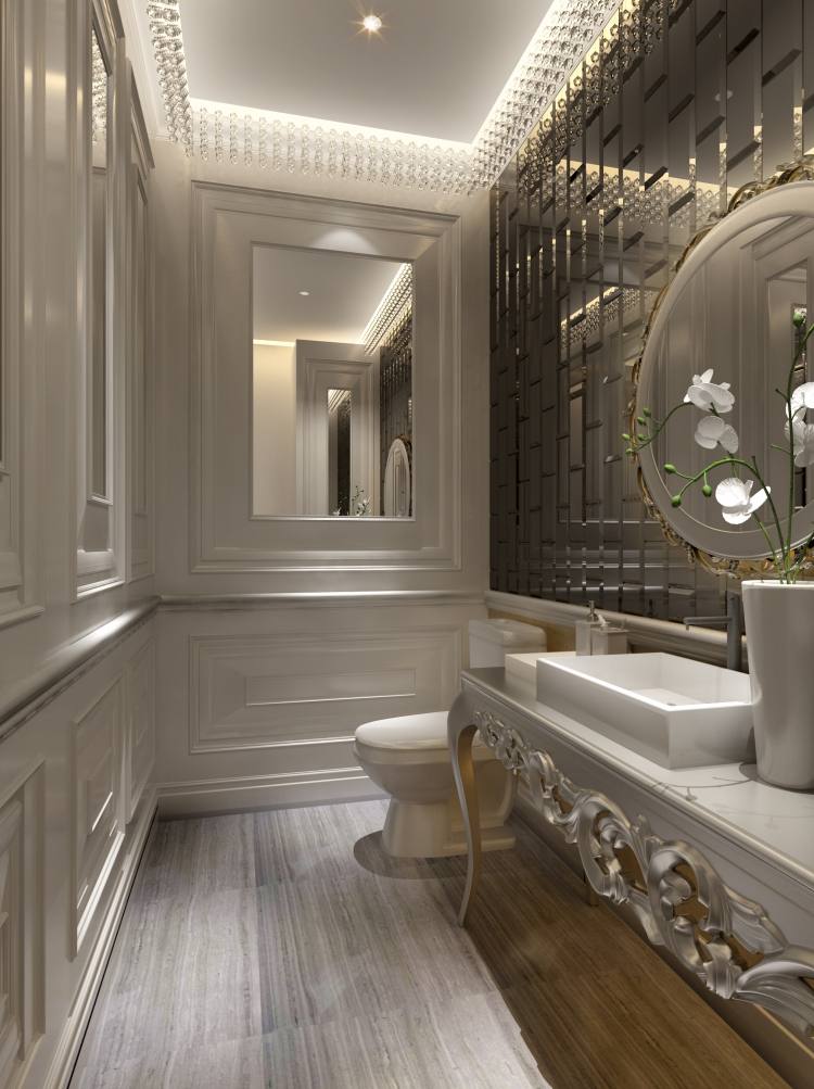 design moderno de banheiro -téis-banheiro-pequeno-espelho-confuso-superfícies de vidro