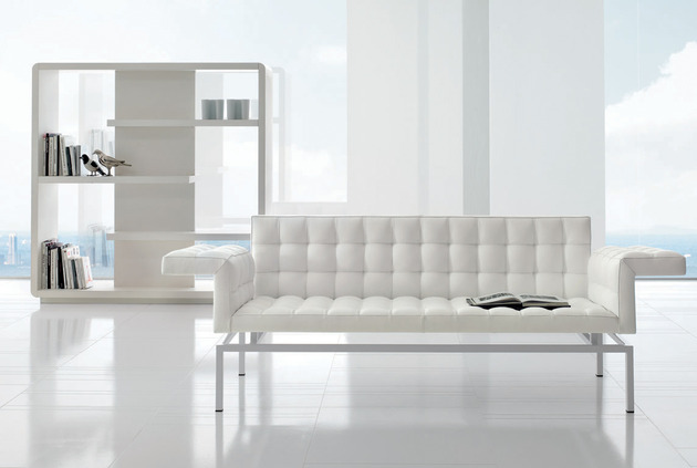 sofá de couro capitonne pernas de aço branco alivar