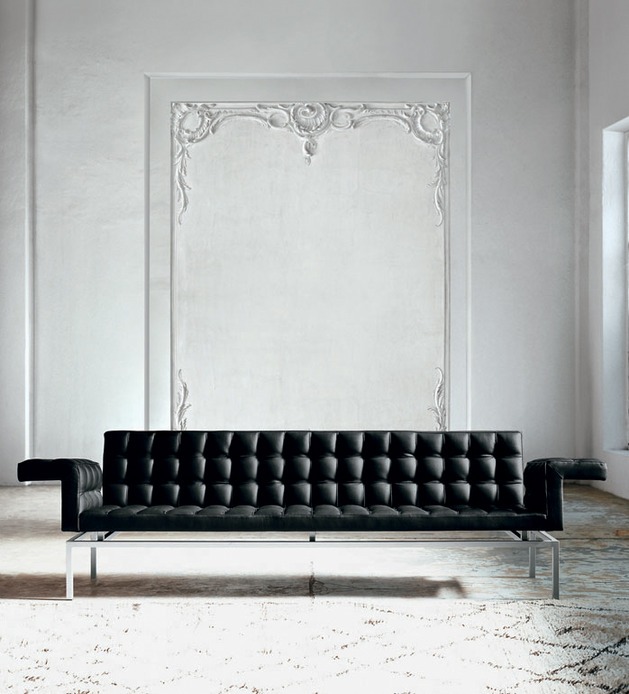 sofá de couro preto capitonne alivar linhas modernas