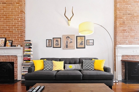 Ideias decorativas padrão amarelo-branco-preto para sala de estar