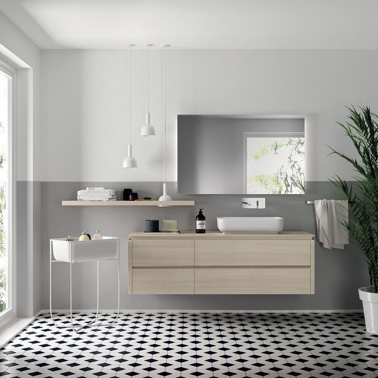 banheiro de móveis aparência minimalista moderna de madeira clara
