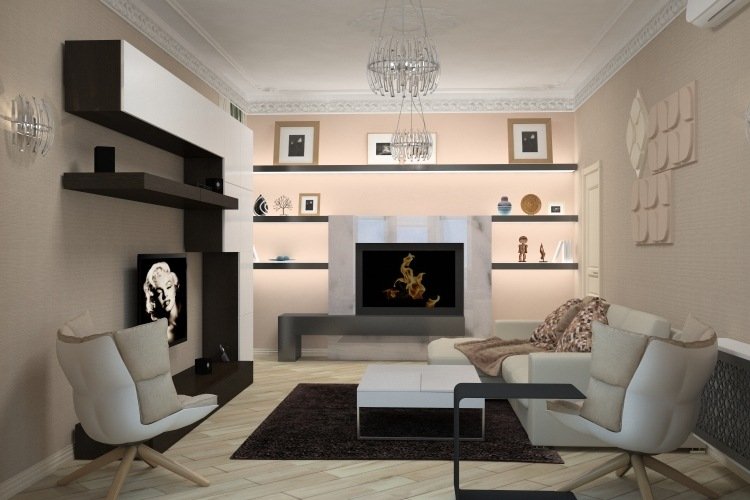 pequena mistura de estilos da sala de estar com iluminação indireta e cores neutras