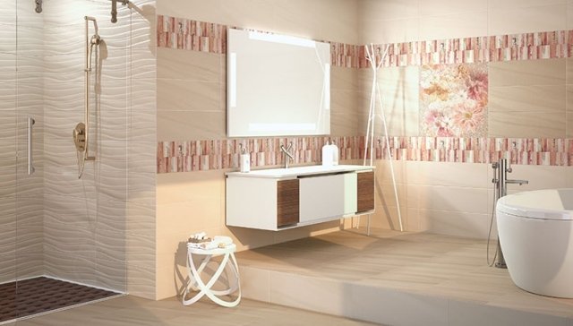 banheiro azulejos modernos azulejos de parede bege-creme-rosa-bordure-flores