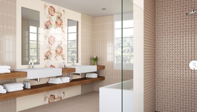 banheiro azulejos modernos padrão flor cappuchino creme