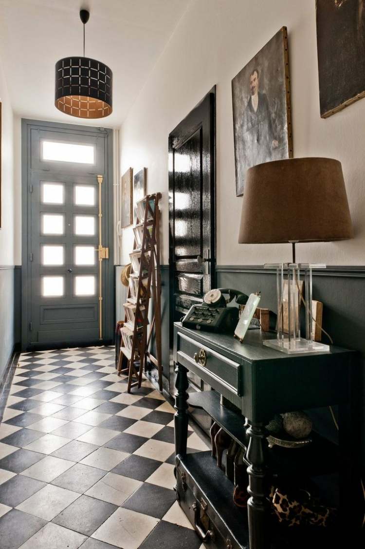 modern-tiles-corridor-old-building-black-white-chess-pattern-sideboard-vintage