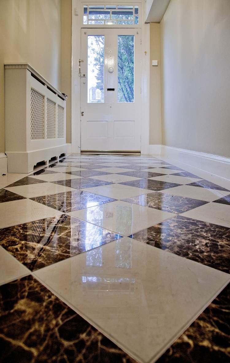 modern-tiles-corridor-old-building-gloss-sheen-diamond-pattern-brown-white-front door