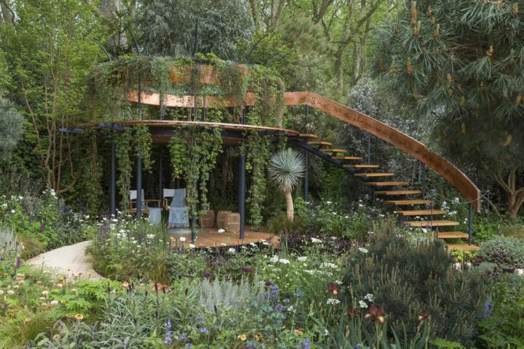 moderno-jardim-jardim-design-tendências-escadas-corten plantas trepadeiras de aço