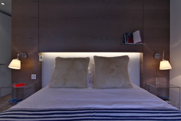 travesseiro de pele moderno quarto cabeceira de parede de madeira