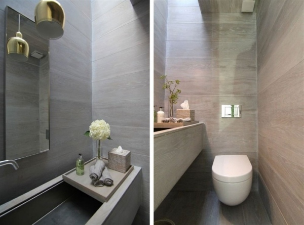 Casa de banho moderna remodelação em azulejos bege de madeira