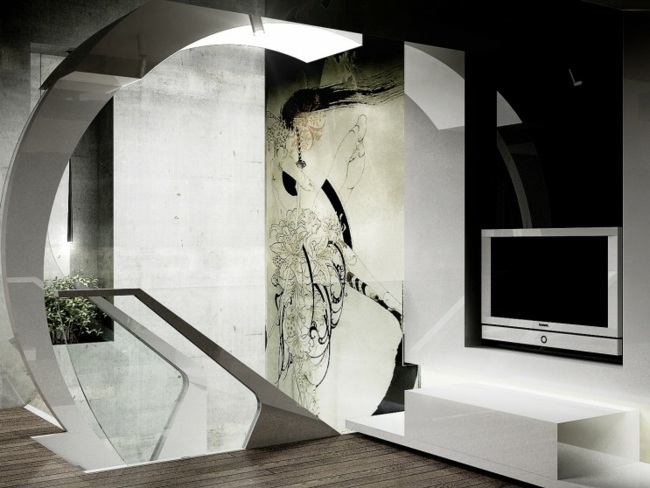 Mobiliário, papel de parede, escadas corrimão de vidro