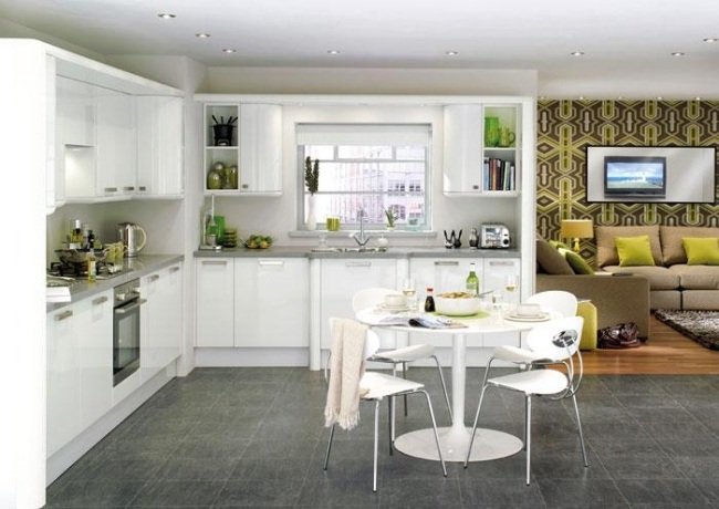 Cozinhas de alto brilho em branco cinza tampo de trabalho verde prateleiras de canto decorativas