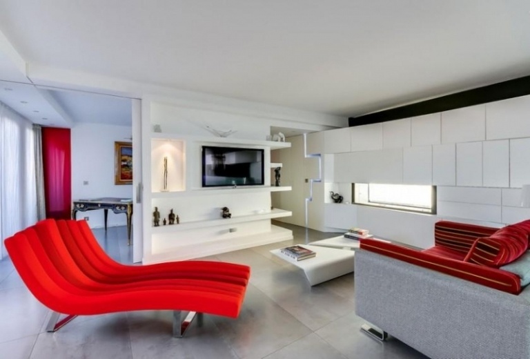 Design interior moderno - parede viva-otomano-sofá-vermelho-piso-mármore-revestimento de parede de alto brilho