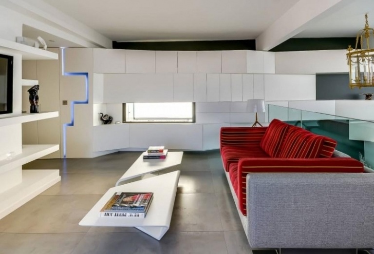 Design interior moderno - revestimento de parede - alto brilho - sofá de parede vivo - mesa de centro cinza-vermelho