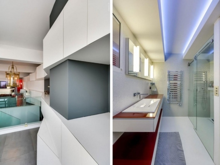 Moderno design interior-corredor-banheiro-vermelho-acentos-branco-alto-brilho-banheiro-moderno