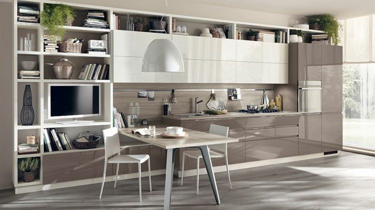 cozinhas modernas com design unidade de parede ideia mesa de jantar cinza claro alto brilho