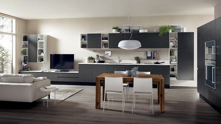 cozinhas modernas design cinza minimalista unidade de parede mesa de jantar sofá branco