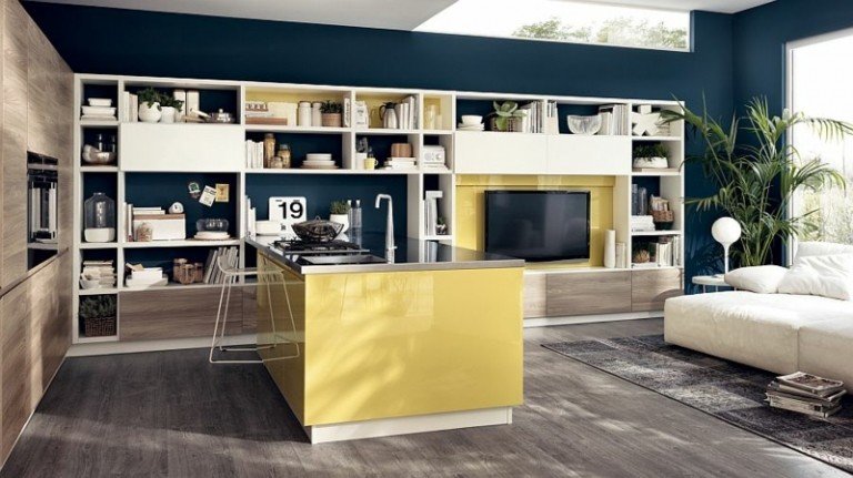cozinha moderna design azul amarelo motus sala de estar em parquet ilha de cozinha