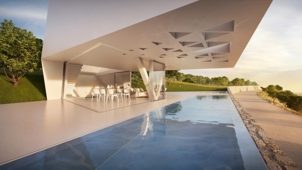 villa de férias exclusiva área da piscina clarabóias brancas minimalistas