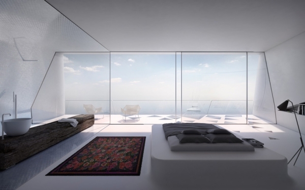 minimalismo branco villa de férias grécia cama com vista para o mar