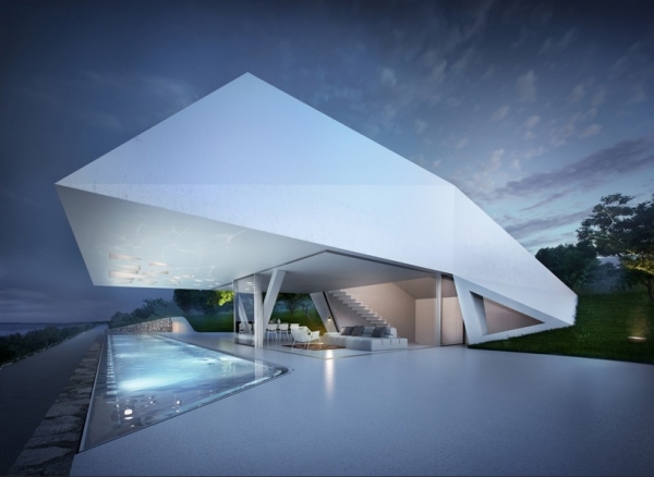 Villa luxuosa F fachada branca com iluminação para piscina Hornung Jacobi Architects
