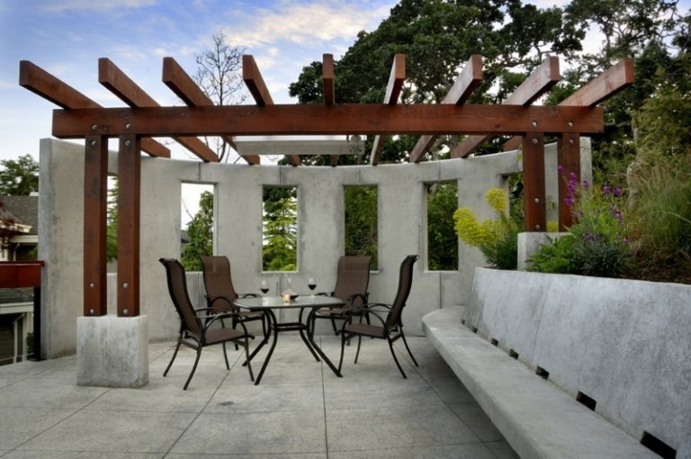 mobiliário moderno-pérgola-concreto-metal-jardim