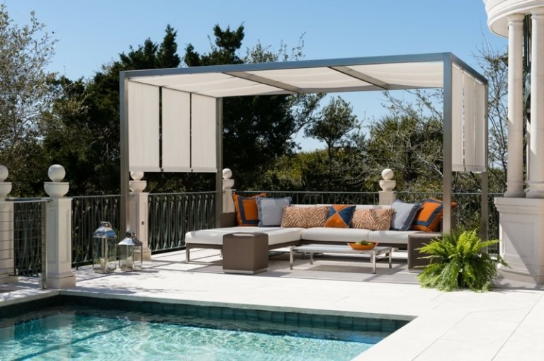pérgula terraço-piscina-beira-piscina-jardim-área moderna
