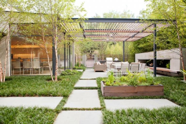 caminho-moderno-pérgola-terraço-ideia-chaminé-telhado-concreto-jardim