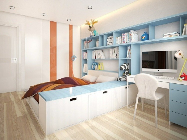 moderna-parede-unidade-luz-azul-prateleira-integrada-cama-mesa
