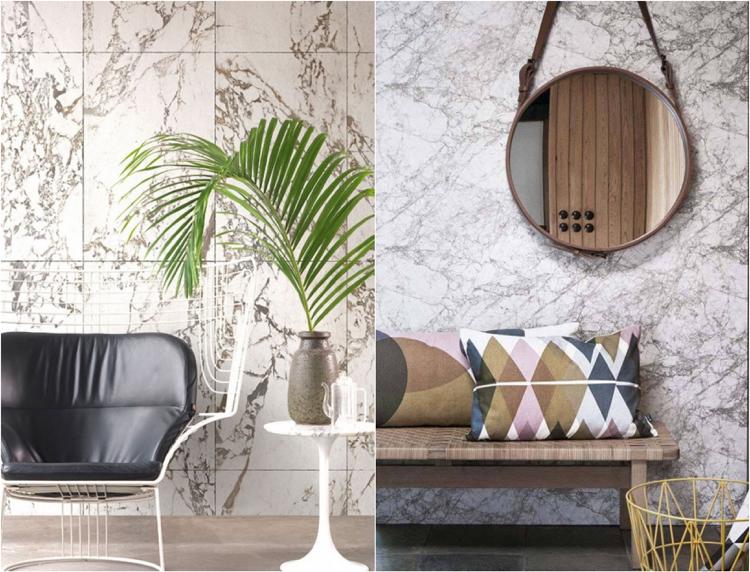 O papel de parede moderno em pedra parece ideias elegantes para a sala de estar mármore branco preto