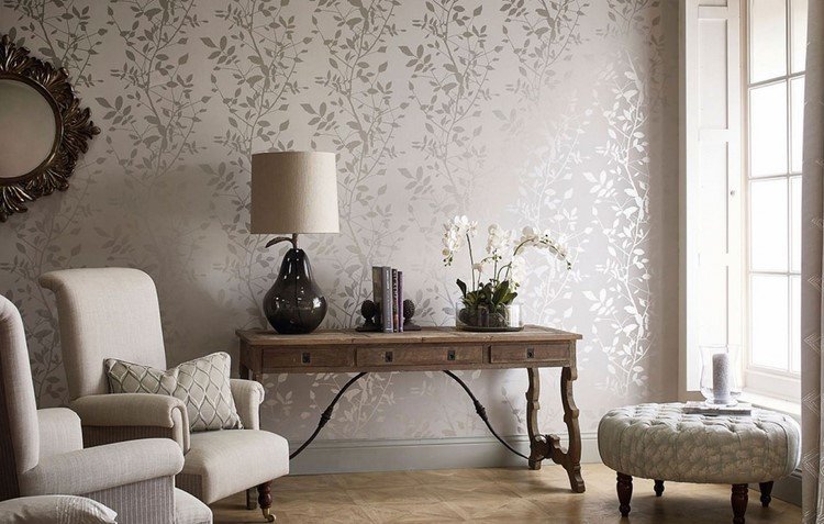 papel de parede moderno para a sala de estar com motivos florais em prata